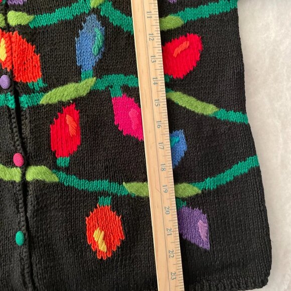Talbots Y2K Hand Knit Women Black Christmas Holiday Light Cardigan Sweater L - Picture 9 of 11